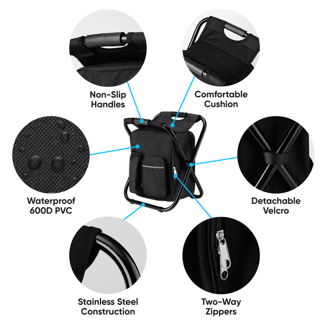 a black folding chair with different types of handles with text: 'Non-Slip Comfortable Handles Cushion Waterproof Detachable 600D PVC Velcro Stainless Steel Two-Way Construction Zippers'