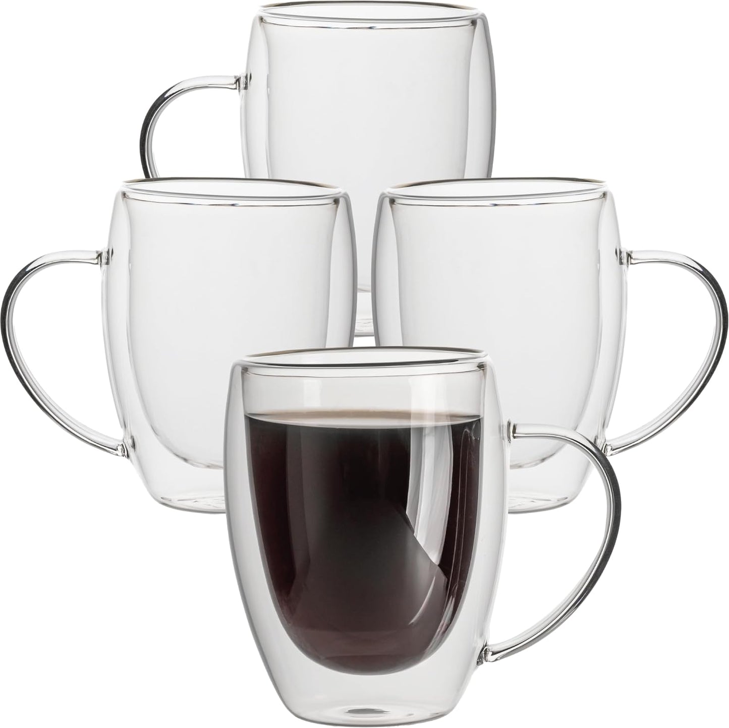 a group of clear cups with a brown liquid inside
