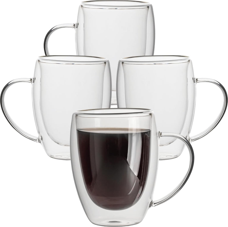 POWERLIX 4 pack 12 oz Double Walled Clear Coffee Mugs with Handle, Dou
