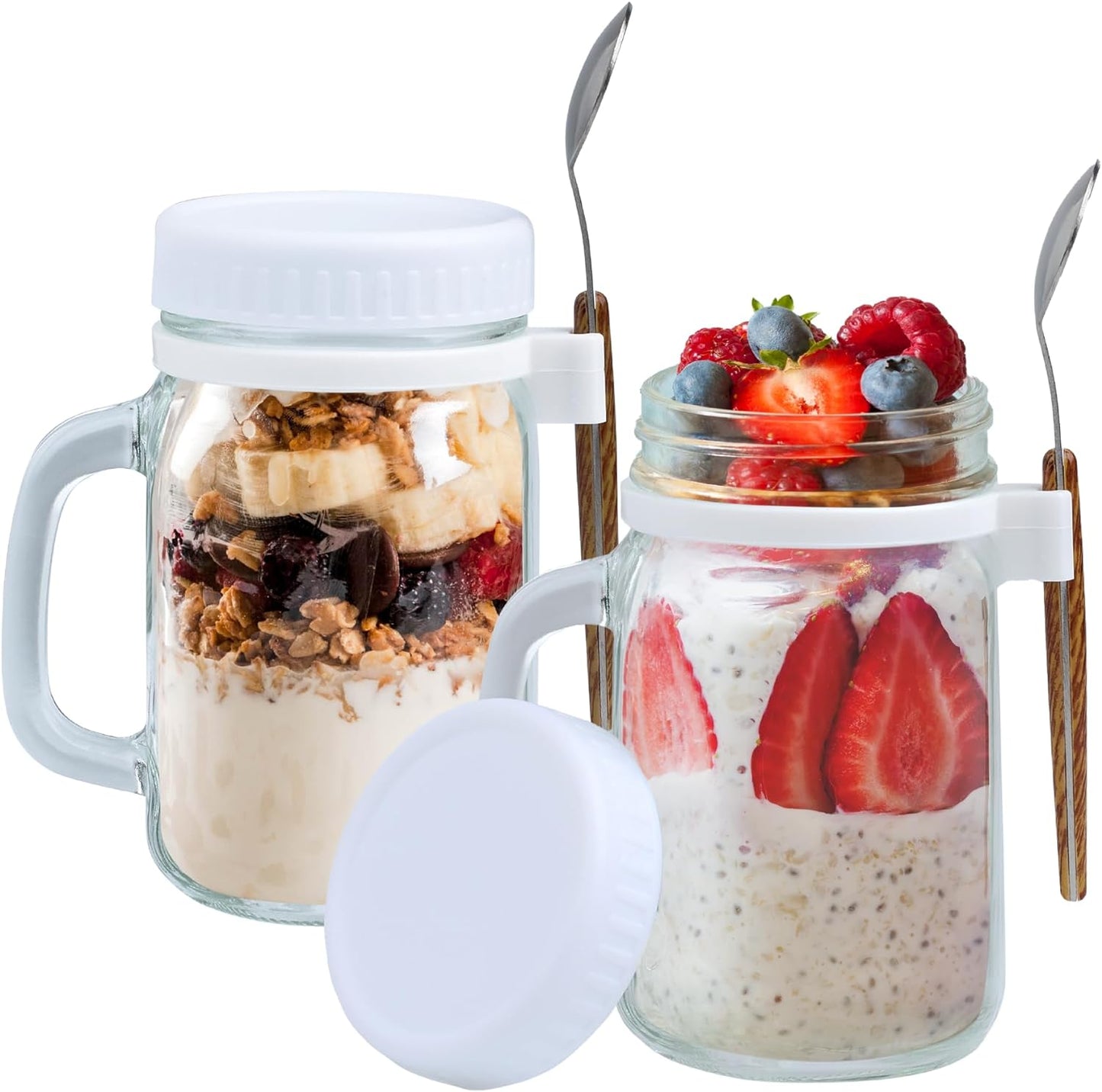a couple of mason jars with fruit in them