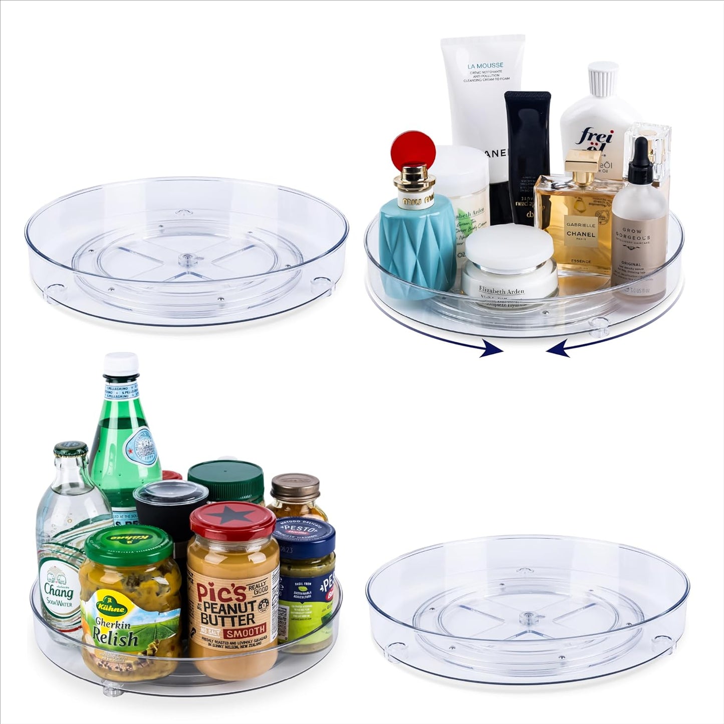a group of different products on a tray with text: 'LA MOUSSE CREME CREAM 10 frei ANE GROW CHANEL ORGEOU 02 ESSENCE Elizabeth Arden THE SO PESTO 5.23 - Chang Pic's WATER Kühne Gherkin BUTTER SALT SMOOTH T'