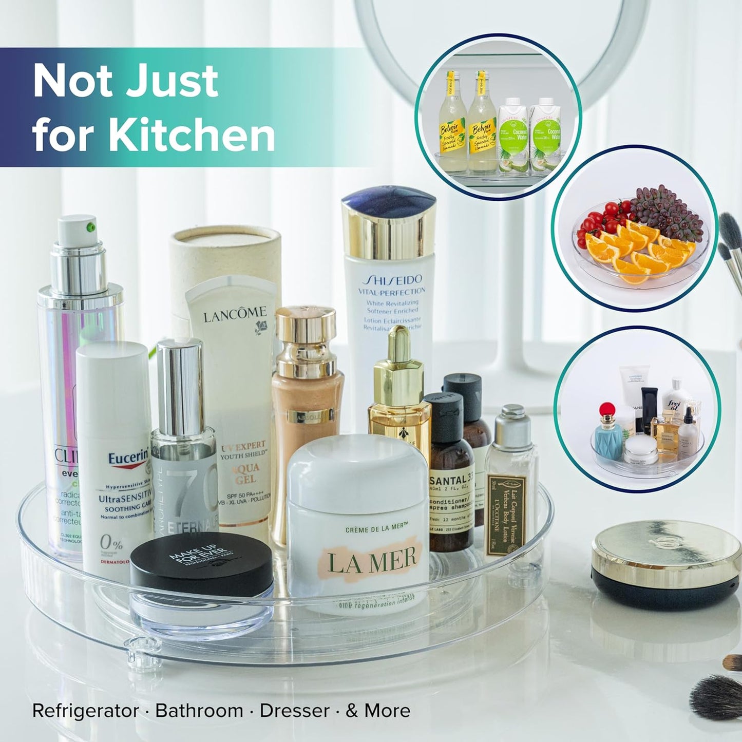 a group of makeup products on a counter with text: 'Not Just for Kitchen VITAL-PERFECTION LANCÔME White Revitalizing Softener Enriched Lotion Eclaircissante Eucerin EXPERT YOUTH SHIELD" eve QUA C Hypersensitive GEL ml UltraSENSITI SPF 50 2 FL. Body Lotion Lait Corporel Verveine anti-ta SOOTHING VB - XL UVA L'OCCITANE Normal to apres 12 EO 0% CRÈME DE LA LE DERMATOLO LA MER Refrigerator Bathroom Dresser & More'