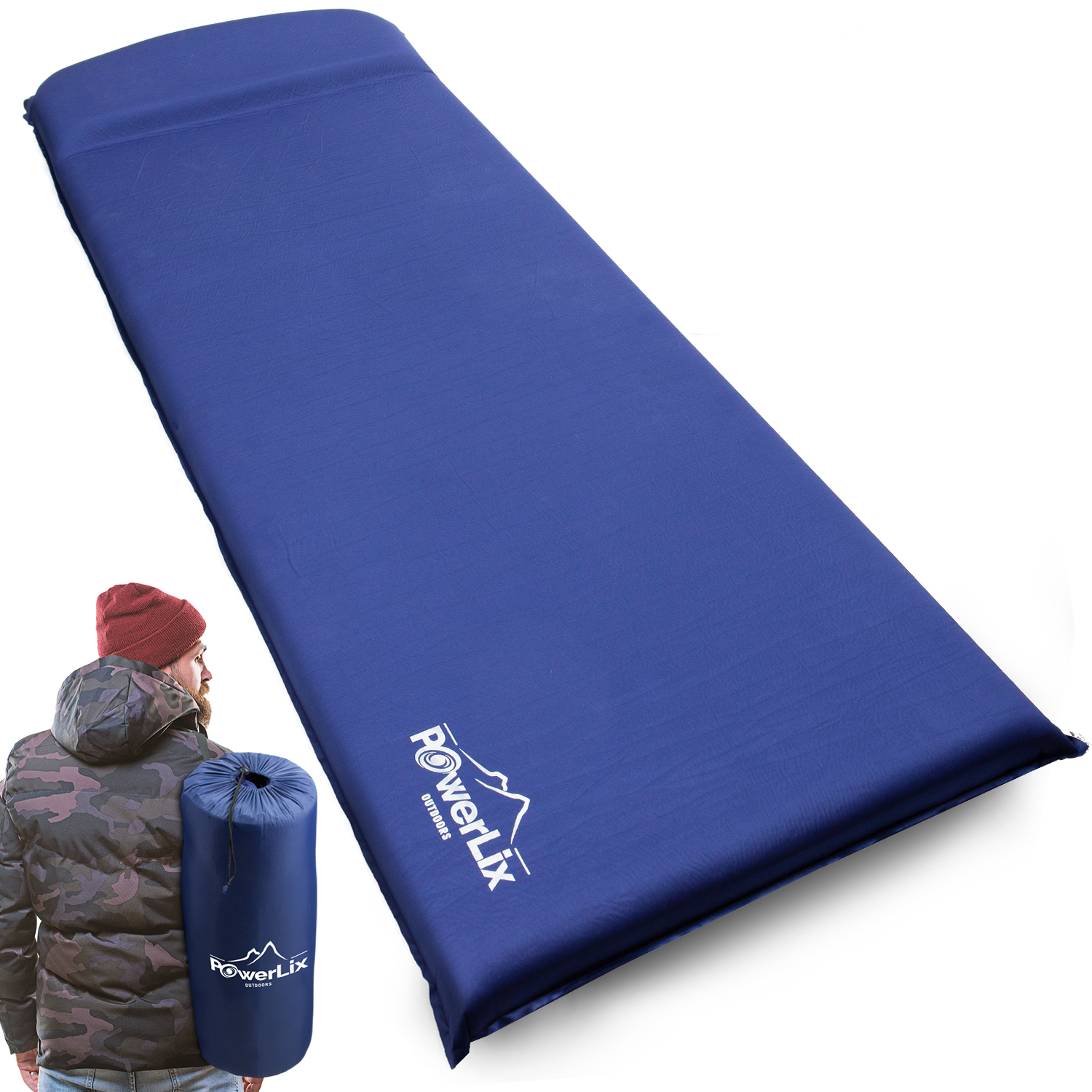 a blue rectangular object with a person in the back with text: 'PowerLix OUTDOORS PowerLix'