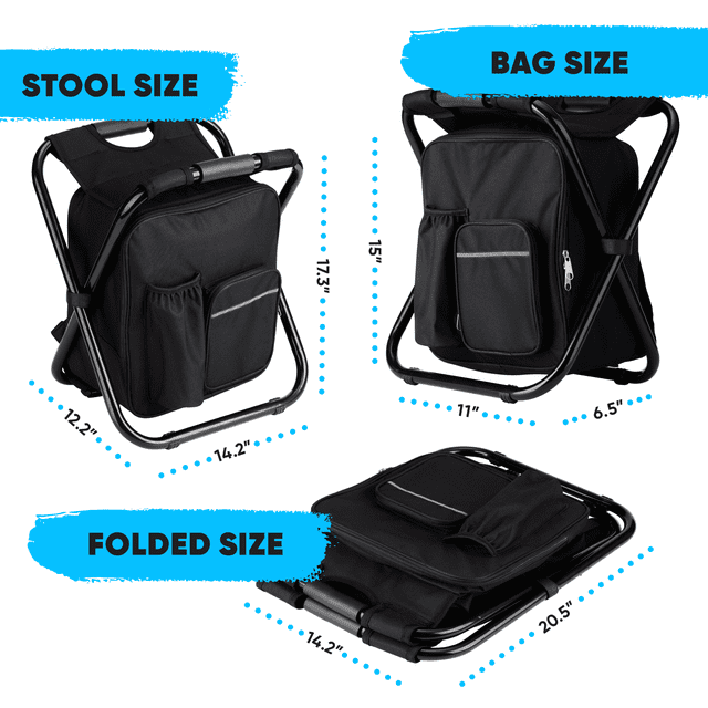 a collage of different sized black chairs with text: 'STOOL SIZE BAG SIZE 15" 12.2". 11" 6.5" FOLDED SIZE . 20.5" ..'