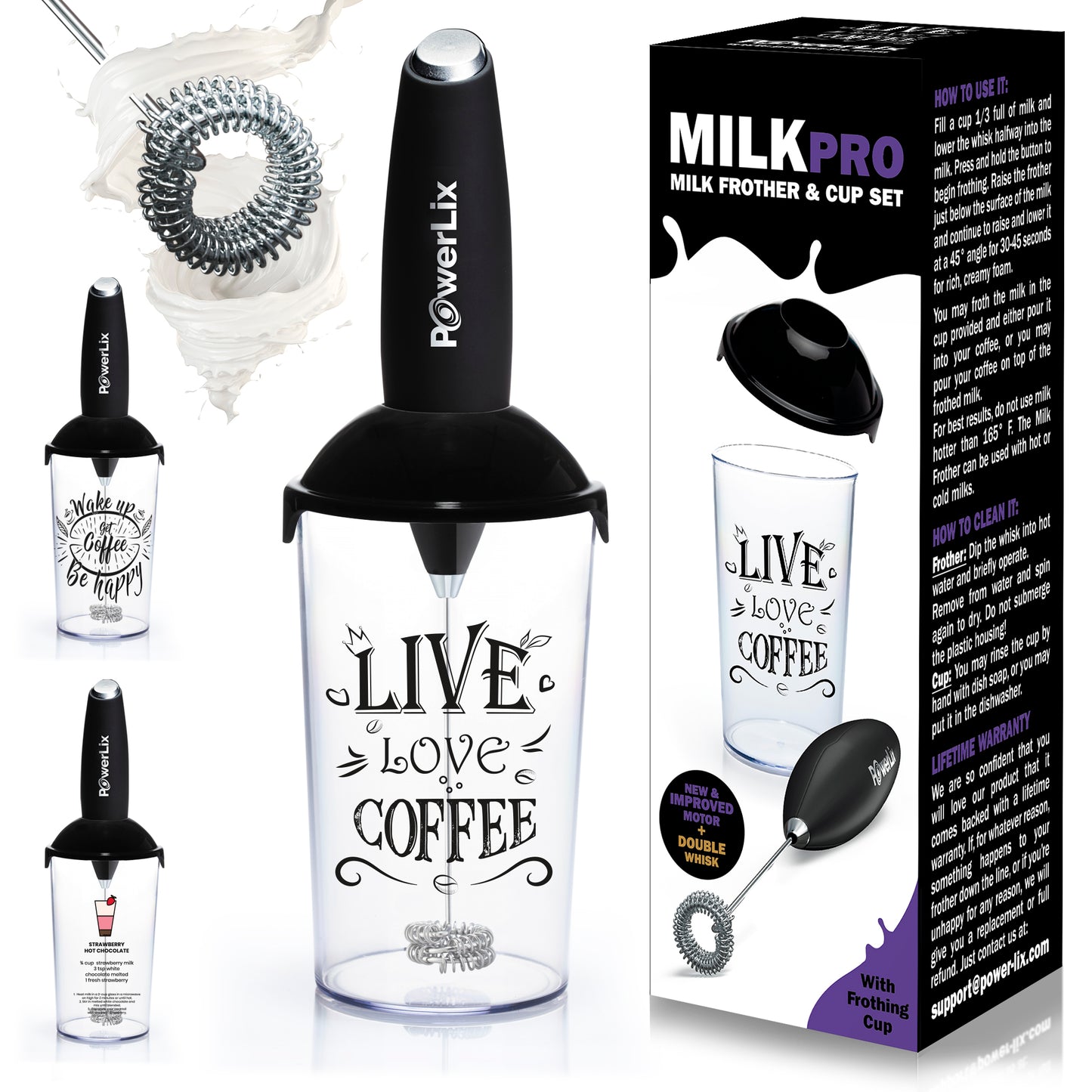 a close up of a blender with text: 'MILKPRO MILK FROTHER & CUP SET HOW TO USE IT: Fill a cup 1/3 full of milk and lower the whisk halfway into the POwerLix milk. Press and hold the button to begin frothing. Raise the frother PowerLix just below the surface of the milk Wake and continue to raise and lower it at a 45º angle for 30-45 seconds get for rich, creamy foam. Be You may froth the milk in the cup provided and either pour it into your coffee, or you may pour your coffee on top of the frothed For best r
