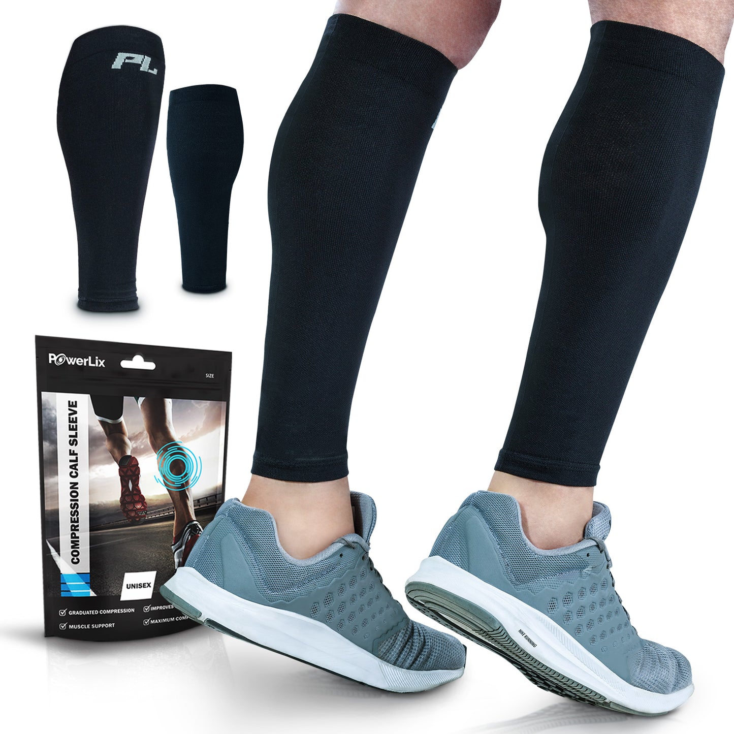 Black fabric calf sleeve worn on a model. A bag in the background with and image of the calf sleeve on the bag with the text "Powerlix Compression Calf Sleeve."