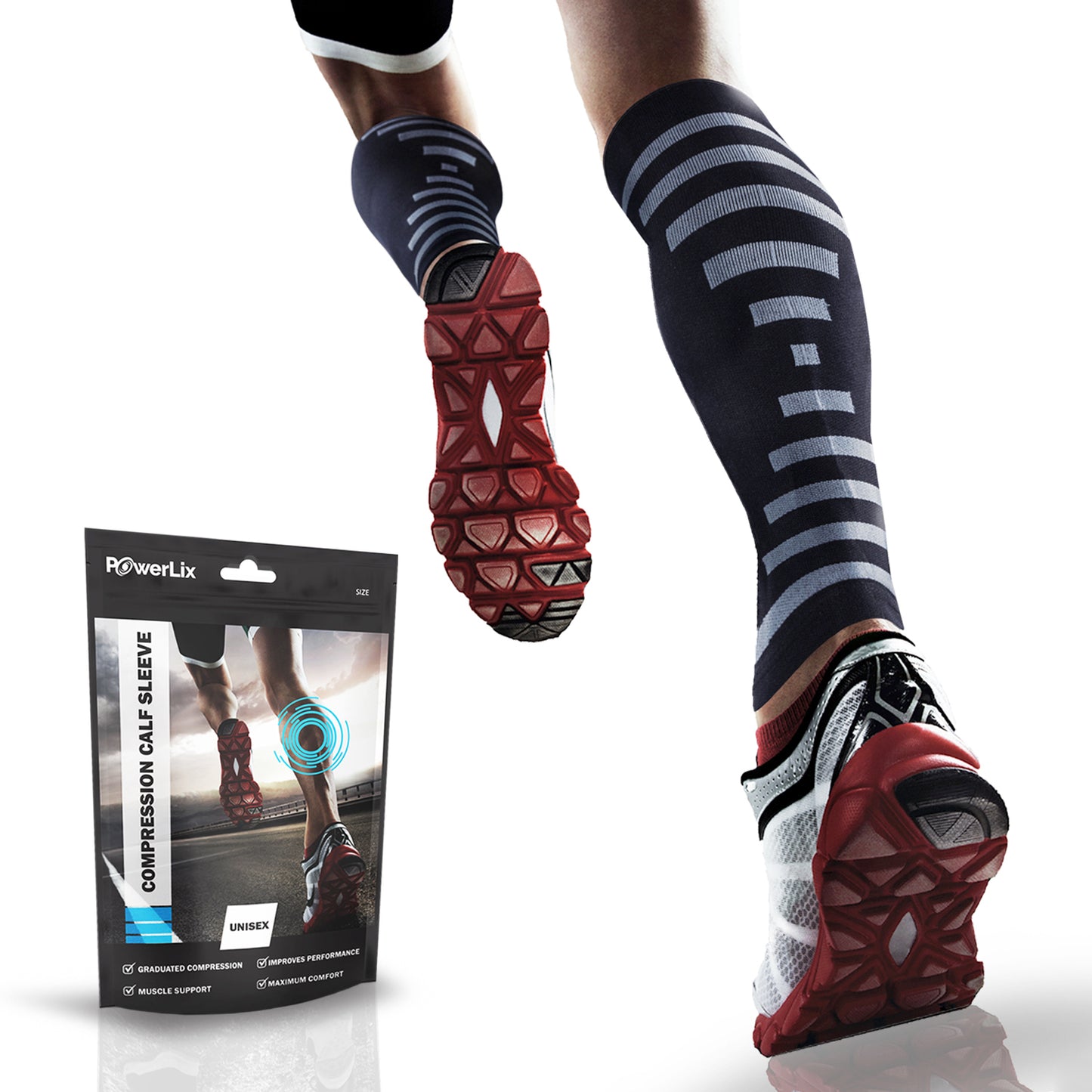 Light blue and black fabric calf sleeve worn on a running model. A bag in the background with and image of the calf sleeve on the bag with the text "Powerlix Compression Calf Sleeve."