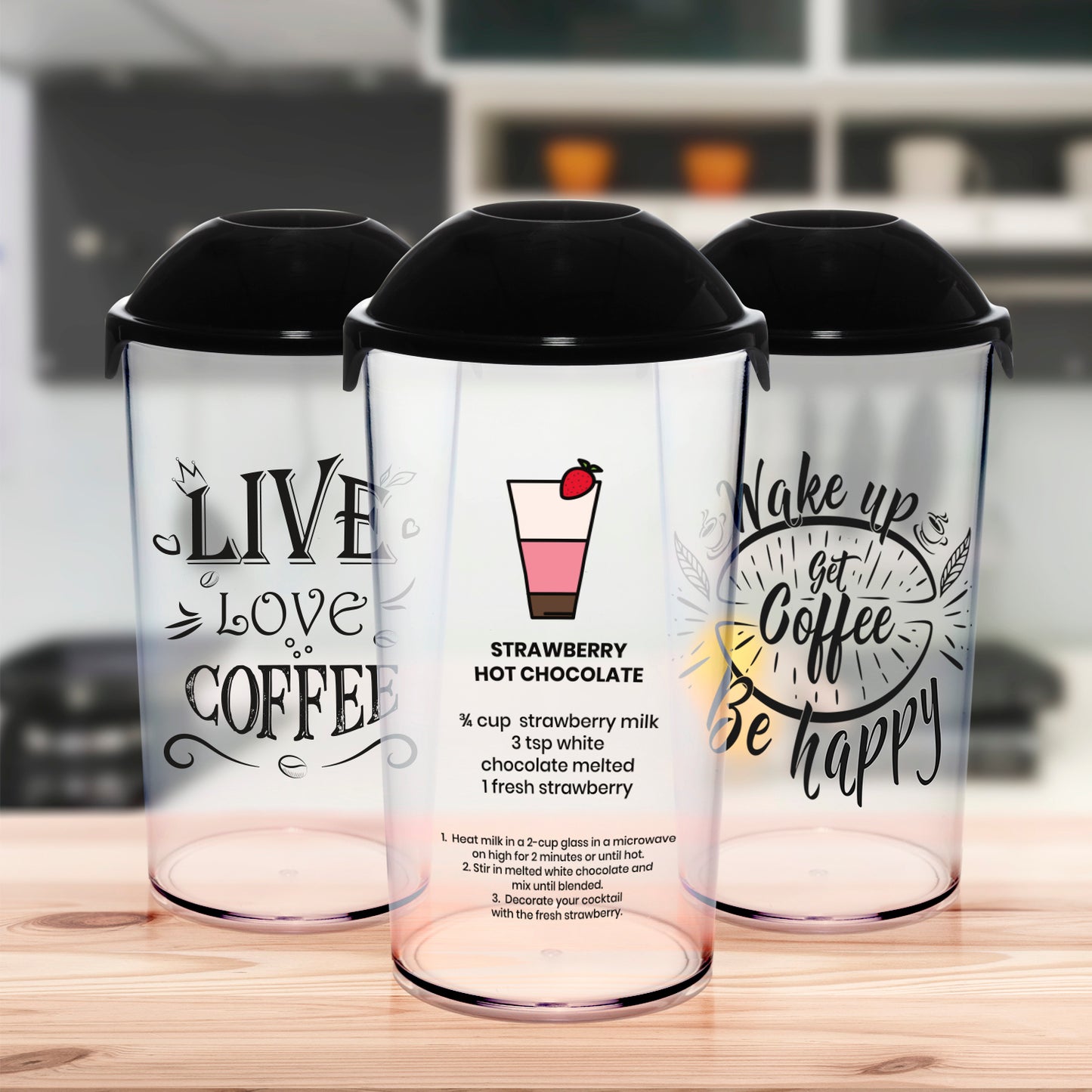 a group of plastic cups with black lids with text: 'Nake LOVE get ? Coffee STRAWBERRY HOT CHOCOLATE 3/4 cup strawberry milk happy 3 tsp white chocolate melted fresh strawberry 1. Heat milk in a 2-cup glass in a microwave on high for 2 minutes or until hot. 2. Stir in melted white chocolate and mix until blended. 3. Decorate your cocktail with the fresh strawberry'