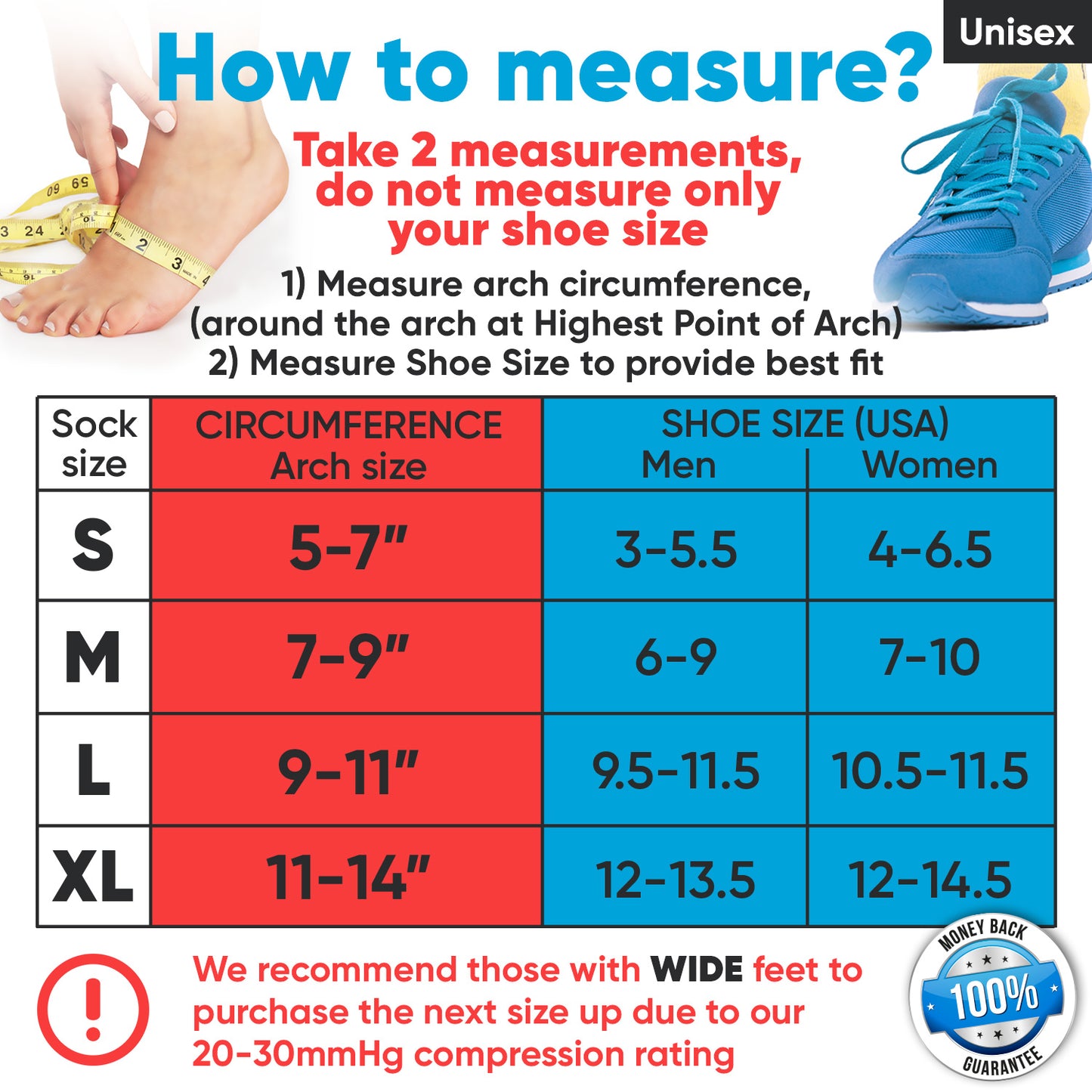Powerlix Size guide for Plantar Fasciitis Support Socks