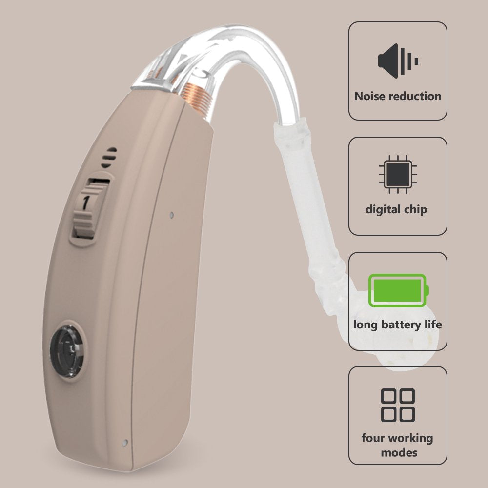 a close up of a hearing aid with text: 'Noise reduction 1 digital chip long battery life four working modes'