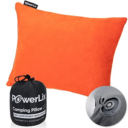 an orange pillow and a black bag with text: 'PowerLix PowerLix Camping Pillow COMFORTABLE of Good Night's'