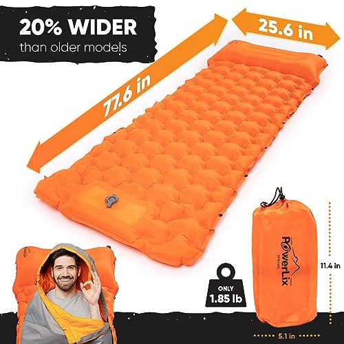 an orange inflatable mattress with text: '20% WIDER 25.6 in than older models 77.6 in PowerLix 11.4 in ONLY 1.85 lb 5.1 in'
