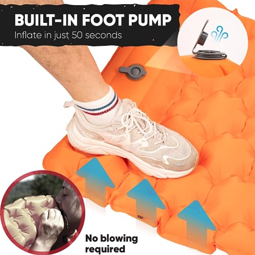 a foot on an orange mattress with text: 'BUILT-IN FOOT PUMP Inflate in just 50 seconds No blowing required'