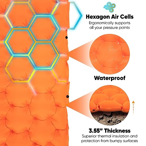 an orange mattress with hexagons with text: 'Hexagon Air Cells Ergonomically supports all your pressure points Waterproof 3.55" Thickness Superior thermal insulation and protection from bumpy surfaces'