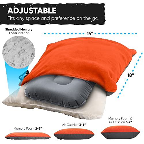 a pillow with a pillow inside with text: 'ADJUSTABLE Fits any space and preference on the go Shredded Memory Foam interior 14" 18" Memory Foam & Air Cushion 3-5" Air Cushion 5-7" Memory Foam 2-3"'