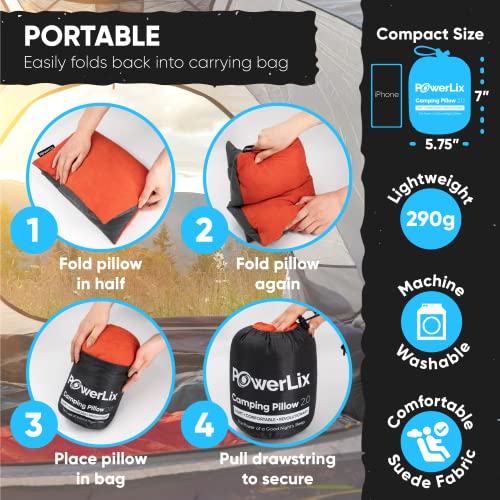 a poster of a portable pillow with text: 'PORTABLE Compact Size Easily folds back into carrying bag Phono 5.75" eight 1 2 290g Fold pillow Fold pillow in half again Machine O Washable 3 Camping Pillow 20 4 Place pillow Pull drawstring Suede Fabric in bag to secure'