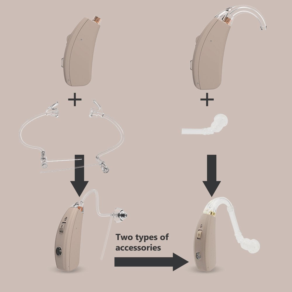 a close-up of a hearing aid with text: '+ Two types of accessories'