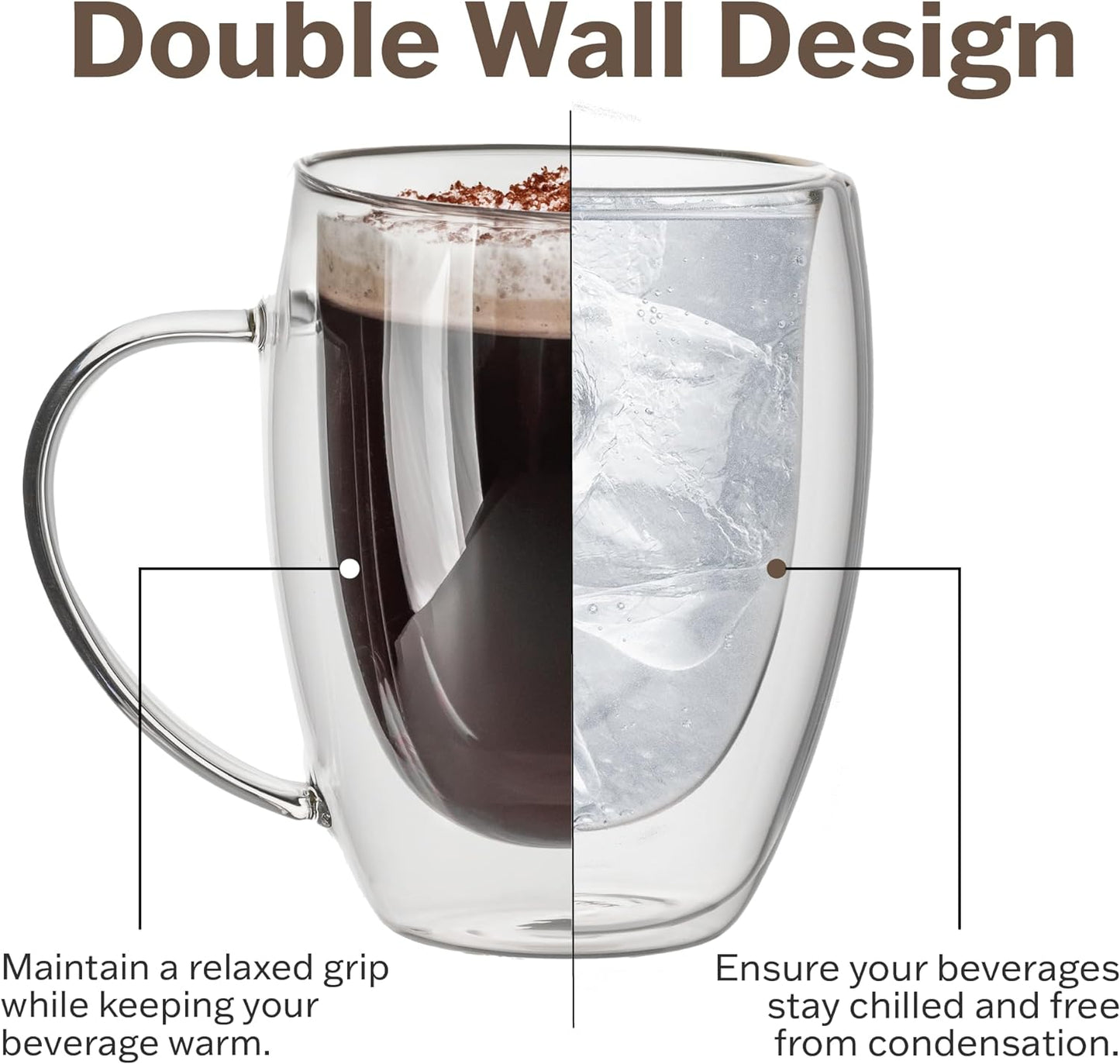 a double wall glass with a liquid in it with text: 'Double Wall Design Maintain a relaxed grip Ensure your beverages while keeping your stay chilled and free beverage warm. from condensation.'