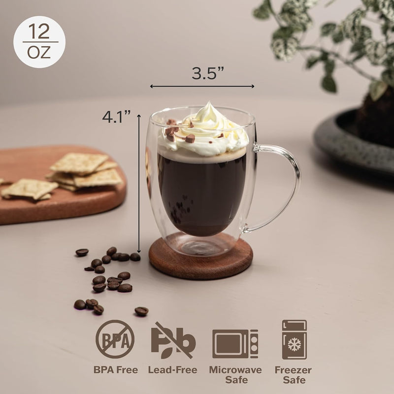 a glass cup with a drink and a small cracker and a small plant with text: '12 OZ 3.5" 4.1 BPA Free Lead-Free Microwave Freezer Safe Safe'