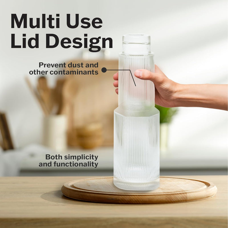 a hand holding a glass bottle with text: 'Multi Use Lid Design Prevent dust and other contaminants Both simplicity and functionality'