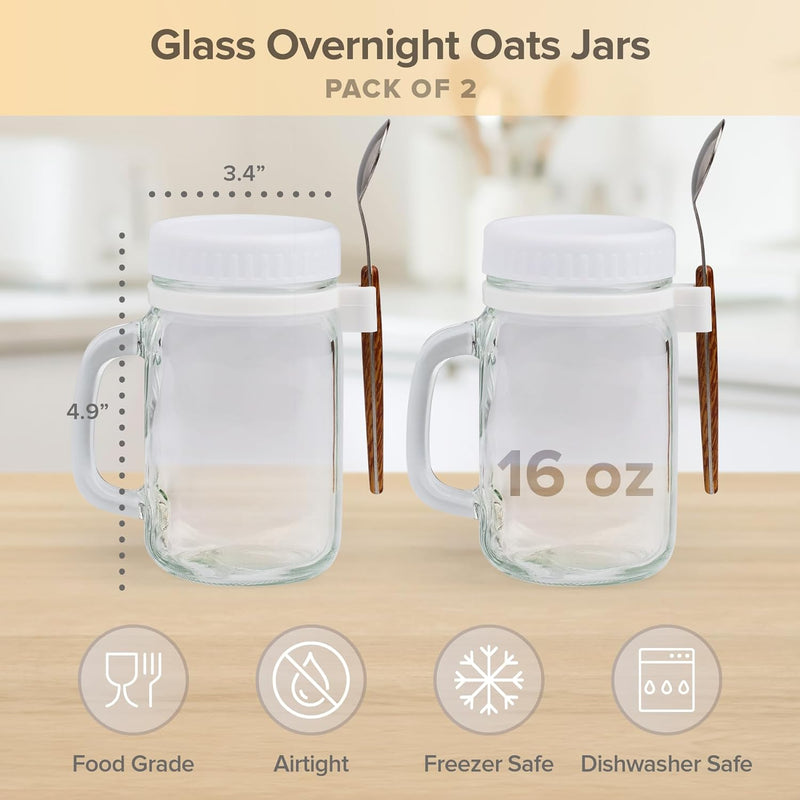 a glass jar with a handle and a spoon with text: 'Glass Overnight Oats Jars PACK OF 2 3.4" . . . . 4.9" 16 oz ... 000 Food Grade Airtight Freezer Safe Dishwasher Safe'
