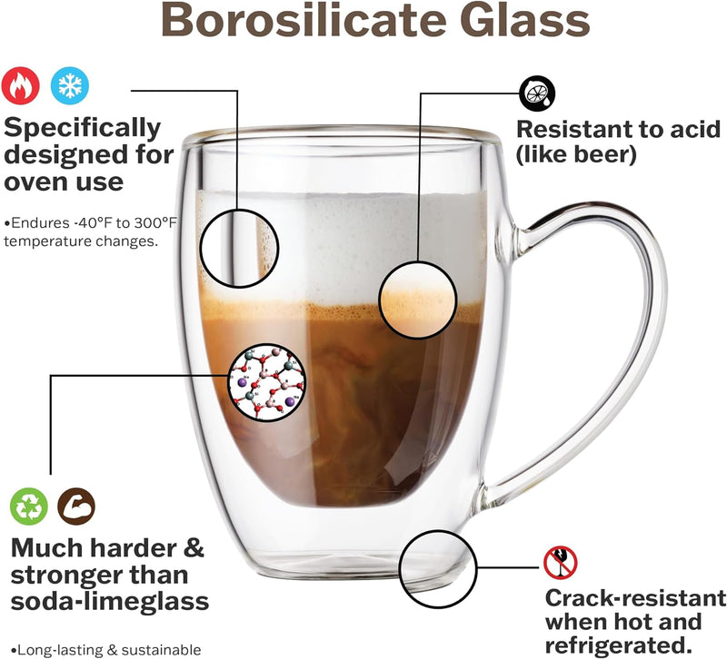 a glass mug with a brown liquid in it with text: 'Borosilicate Glass Specifically Resistant to acid designed for (like beer) oven use Endures -40ºF to 300ºF temperature changes. Much harder & stronger than soda-limeglass Crack-resistant when hot and & sustainable refrigerated.'