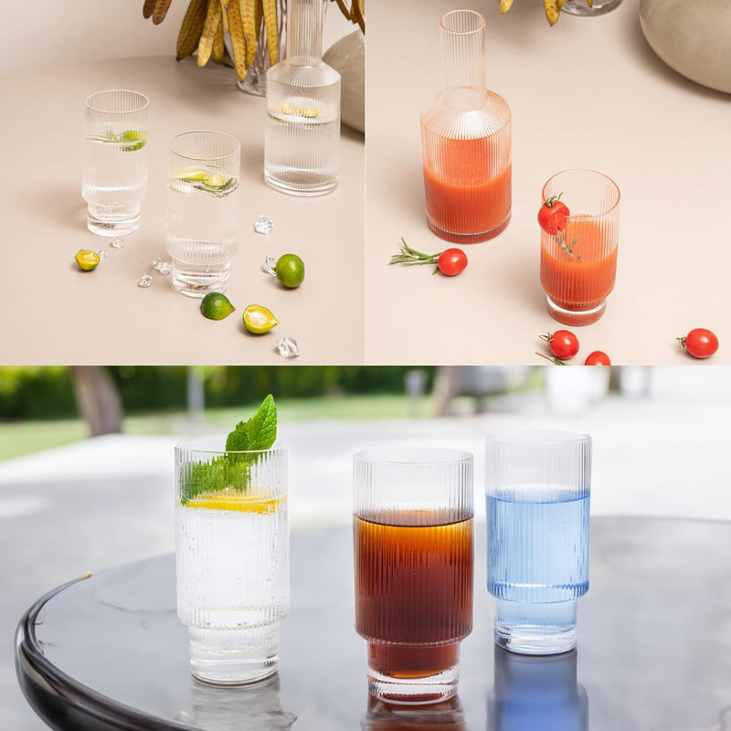 a group of glasses with different colored liquid with text: '-'