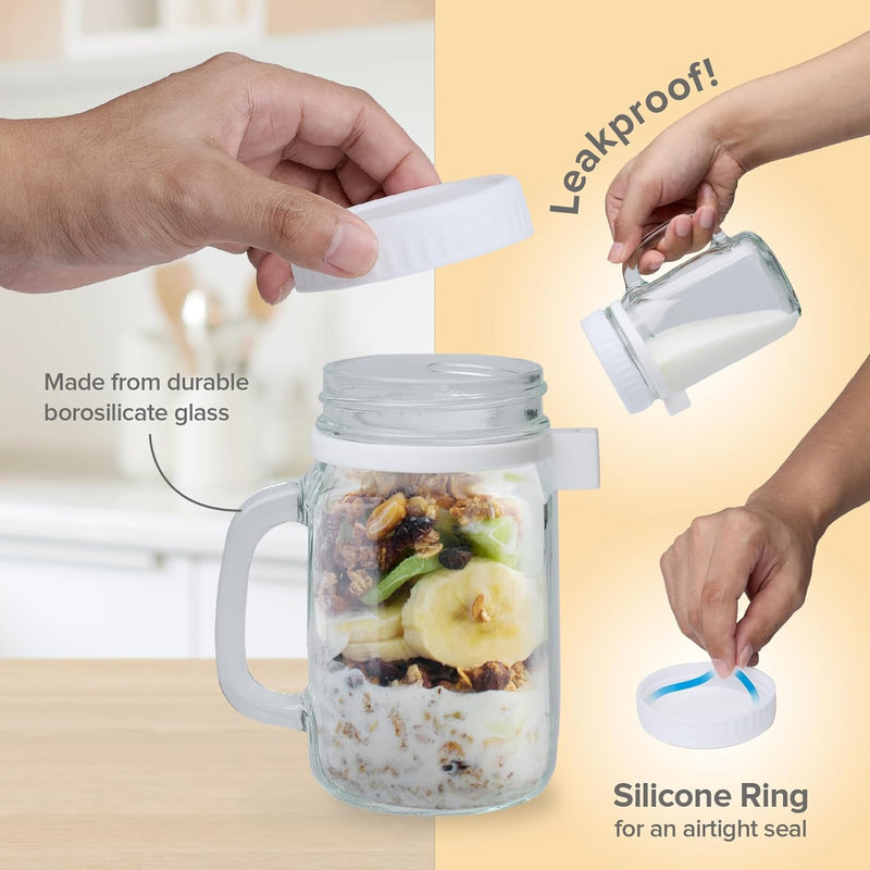 a hand holding a jar of food with text: 'Leakproof! Made from durable borosilicate glass Silicone Ring for an airtight seal'