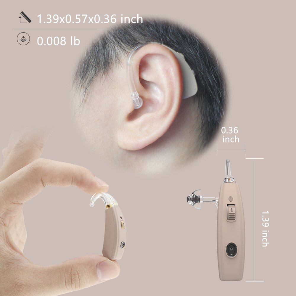 a close up of a hearing aid with text: 'inch 0.008 lb 0.36 inch 1 1.39 inch'