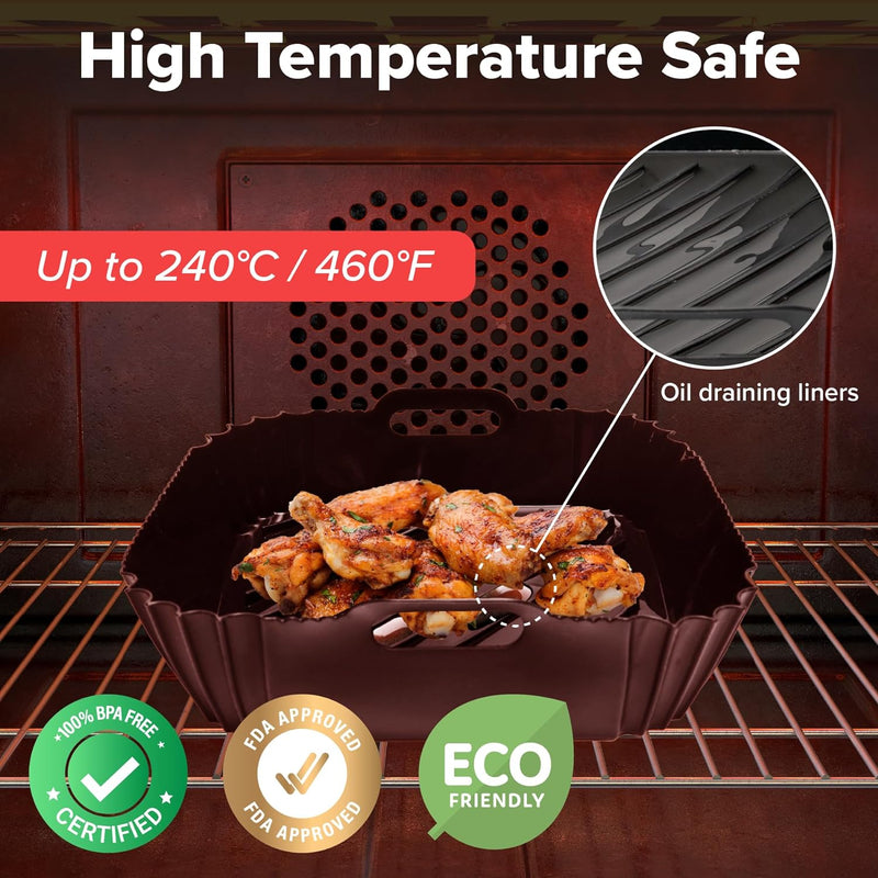 a food in a container in an oven with text: 'High Temperature Safe Up to 240℃ / 460ºF Oil draining liners *100% BPA FREE ECO CERTIFIED FDA APPROVED FRIENDLY'