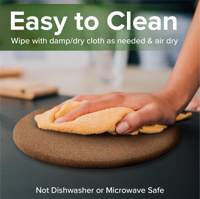 a hand with a yellow towel on a surface with text: 'Easy to Clean Wipe with damp/dry cloth as needed & air dry Not Dishwasher or Microwave Safe'