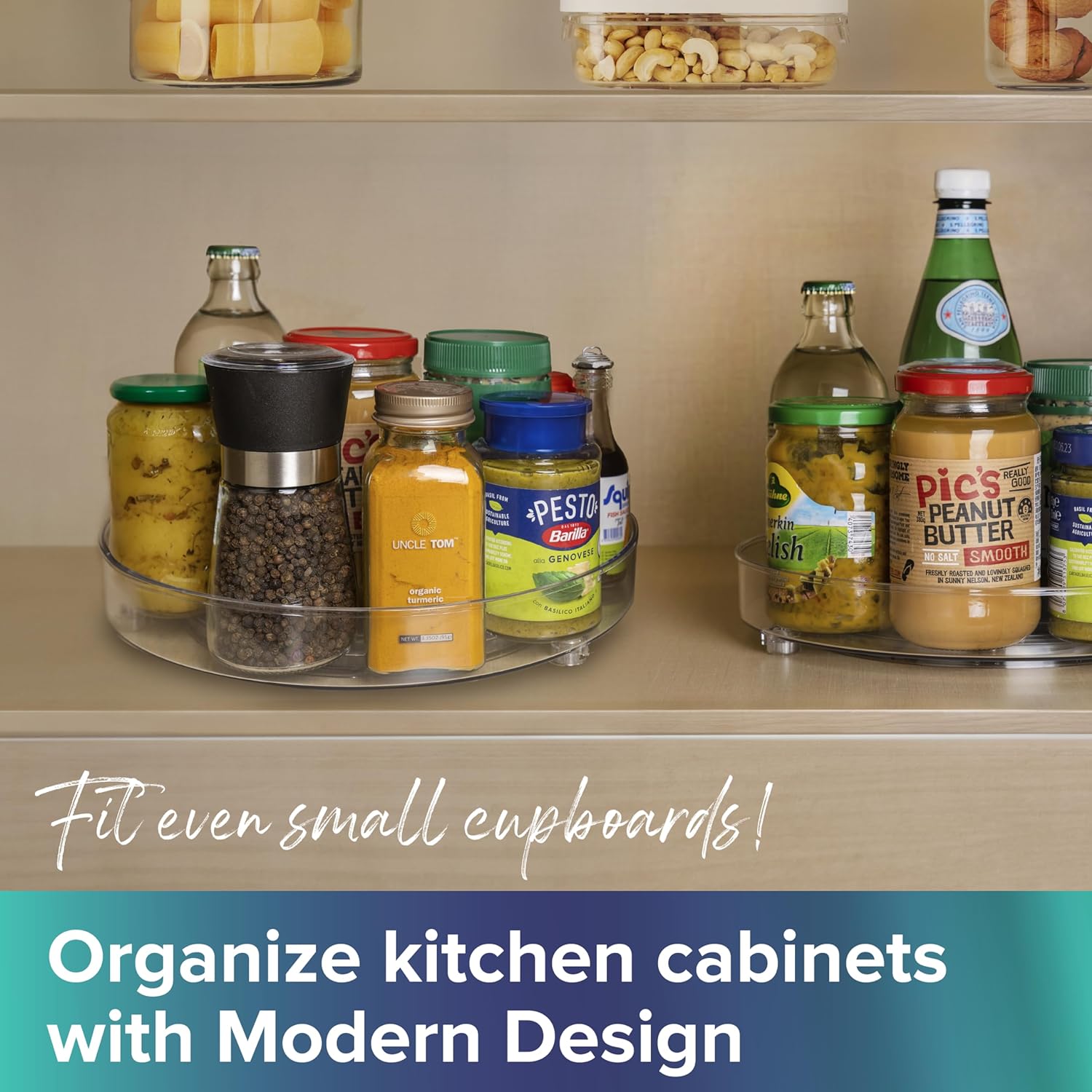 a shelf with food and spices with text: 'PESTO pic's PEANUT UNCLE TOM Barilla erkin BUTTER GENOVESE NO SALT SMOOTH organic turmeric BASILICO NET even small ! Organize kitchen cabinets with Modern Design'