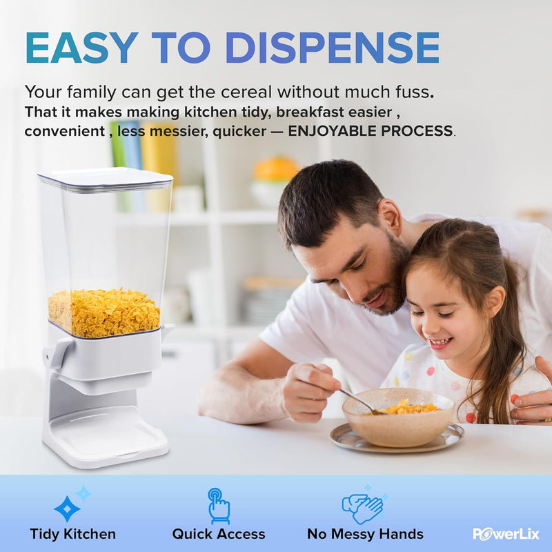 a person and child eating cereal with text: 'EASY TO DISPENSE Your family can get the cereal without much fuss. That it makes making kitchen tidy, breakfast easier , convenient , less messier, quicker - ENJOYABLE PROCESS. Tidy Kitchen Quick Access No Messy Hands PowerLix'