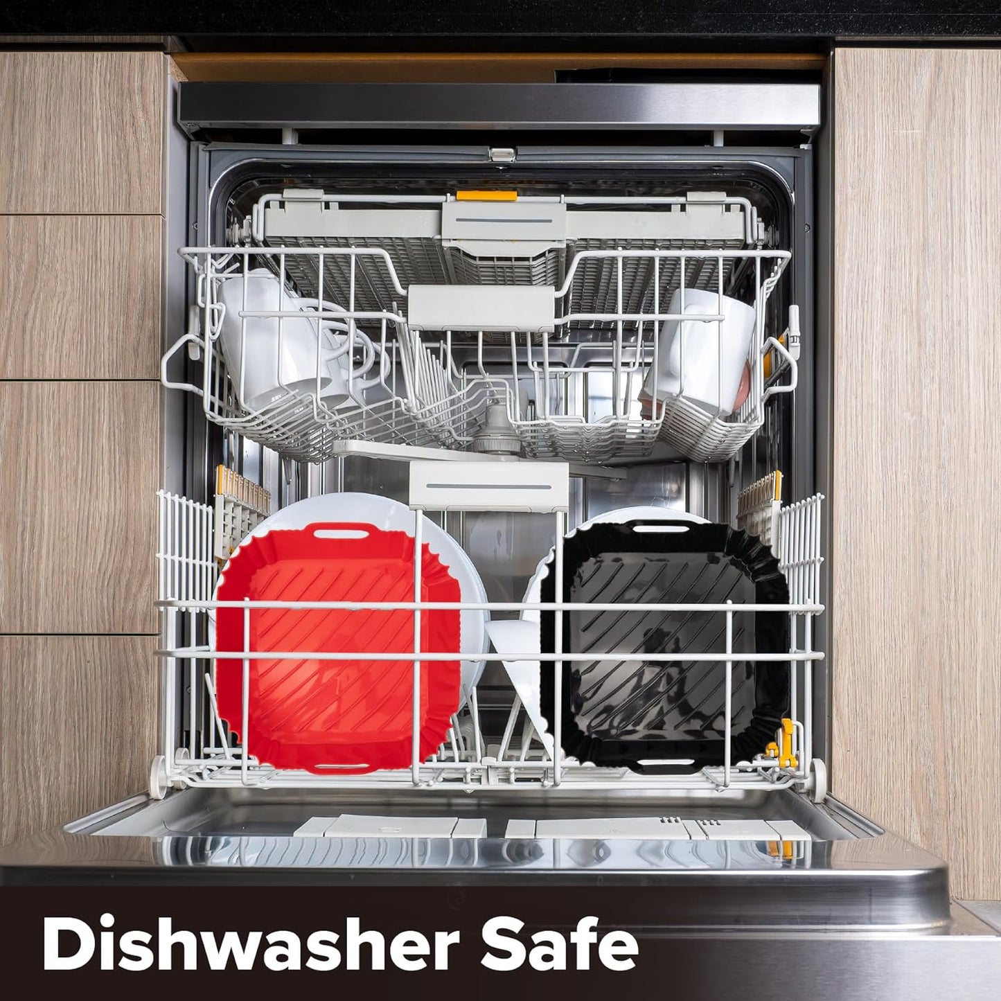 a dishwasher with plates and dishes inside with text: 'Dishwasher Safe'