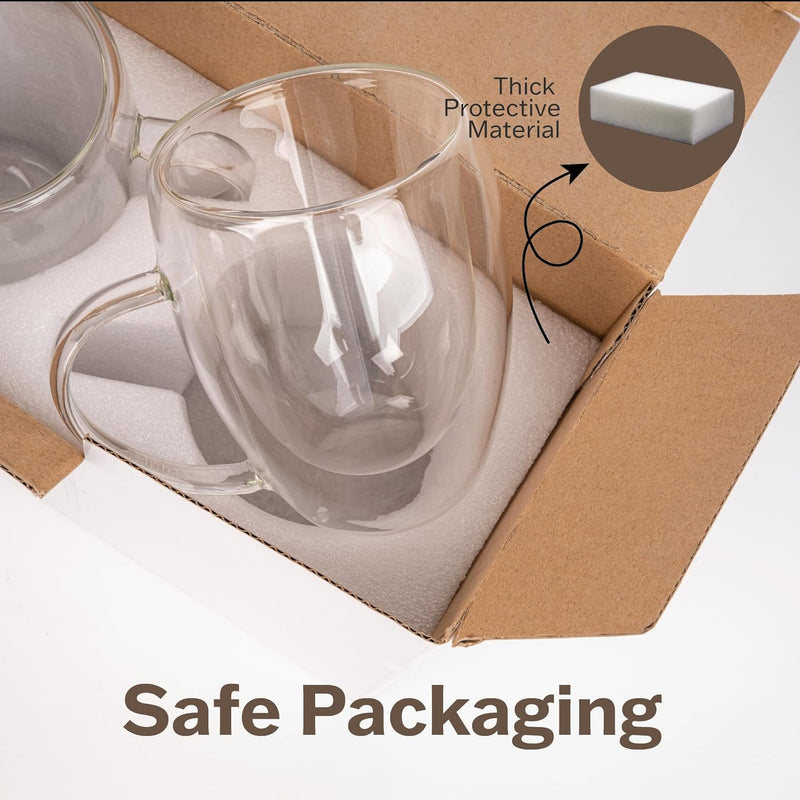 a glass mug in a box with text: 'Thick Protective Material Safe Packaging'