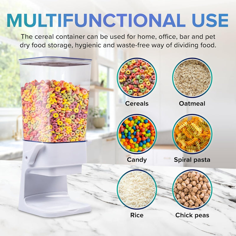 a food container with different types of cereals with text: 'MULTIFUNCTIONAL USE The cereal container can be used for home, office, bar and pet dry food storage, hygienic and waste-free way of dividing food. Cereals Oatmeal Candy Spiral pasta Rice Chick peas'