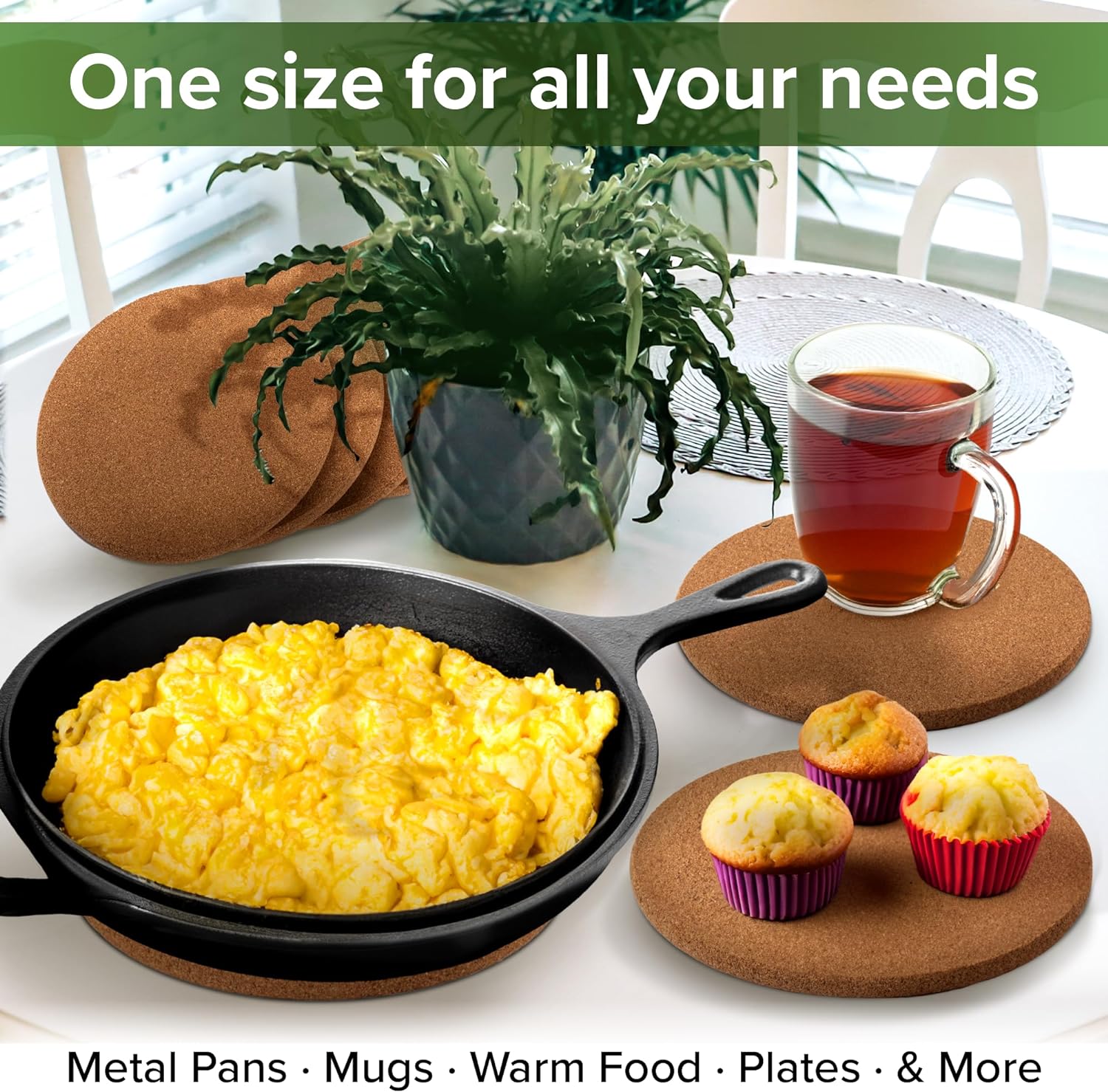 a pan of scrambled eggs and muffins on a table with text: 'One size for all your needs Metal Pans Mugs Warm Food Plates & More'