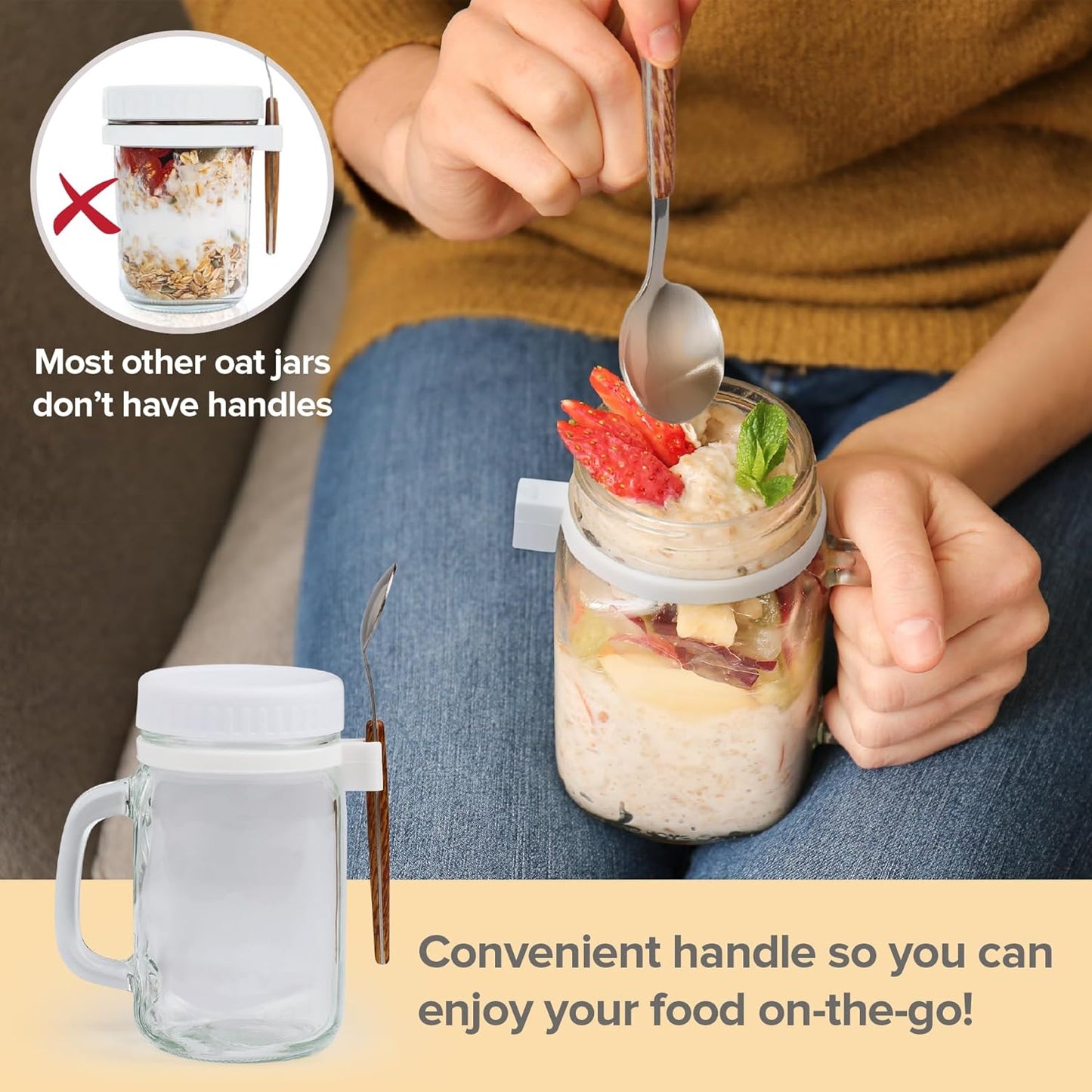 a person holding a spoon over a jar of oatmeal with text: 'Most other oat jars don't have handles Convenient handle so you can enjoy your food on-the-go!'