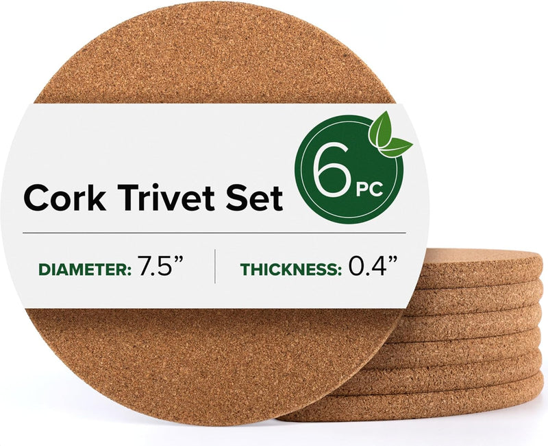 a stack of cork coasters with text: 'Cork Trivet Set PC DIAMETER: 7.5" THICKNESS: 0.4"'