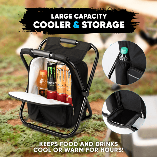 a cooler bag with drinks in it with text: 'LARGE CAPACITY COOLER & STORAGE KEEPS FOOD AND DRINKS COOL OR WARM FOR HOURS!'