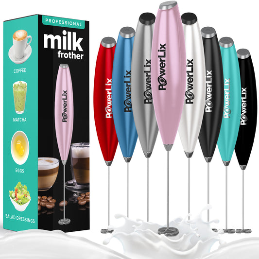 a milk frother box and milk splash with text: 'SALAD DRESSINGS MATCHA COFFEE EGGS milk PROFESSIONAL frother PowerLix PowerLix PowerLix PowerLix PowerLix PowerLix PowerLix PowerLix PowerLIX'