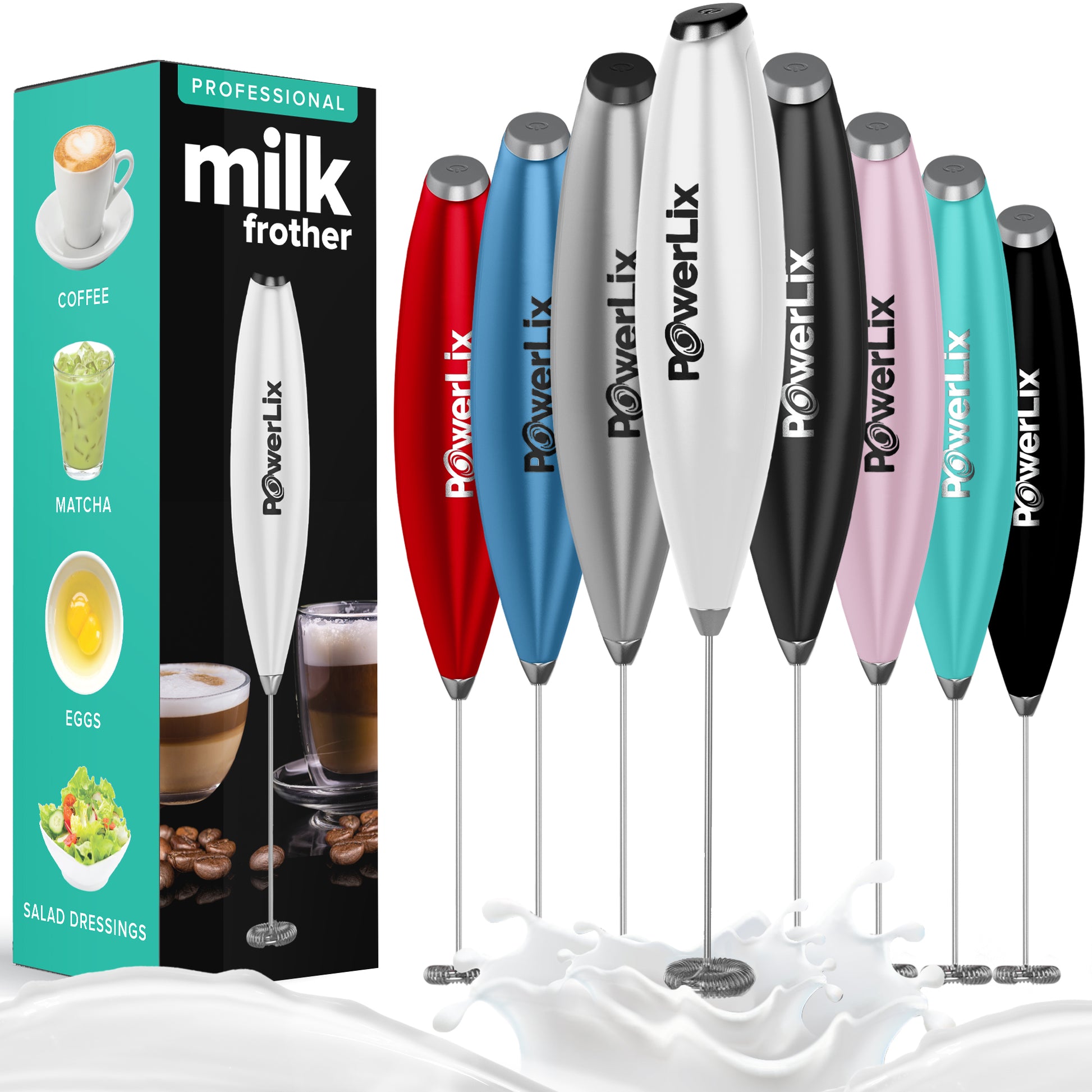 a milk frother box and milk splash with text: 'SALAD DRESSINGS MATCHA COFFEE EGGS milk PROFESSIONAL frother PowerLix PowerLix PowerLix PowerLix PowerLix PowerLix PowerLix PowerLix PowerLIX'