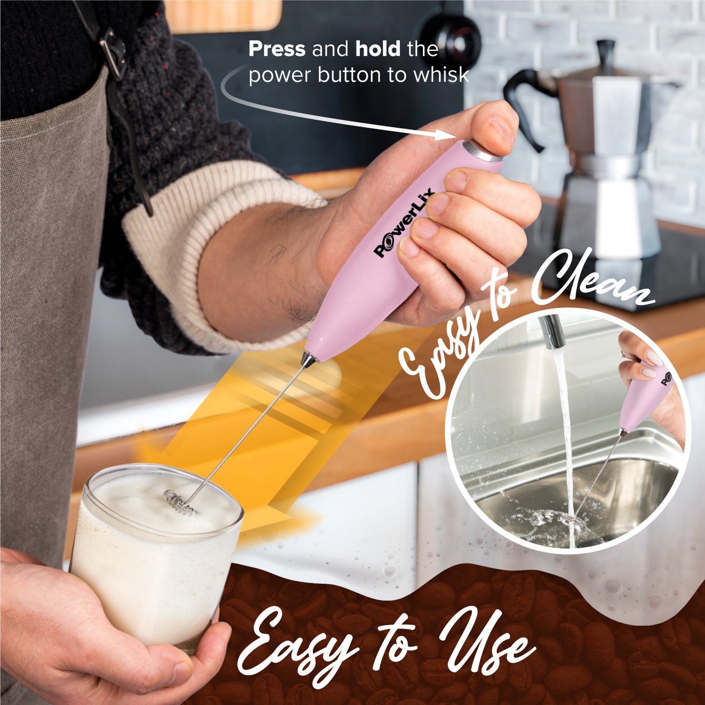 a person using a milk frother with text: 'Press and hold the power button to whisk PowerLix To Use'