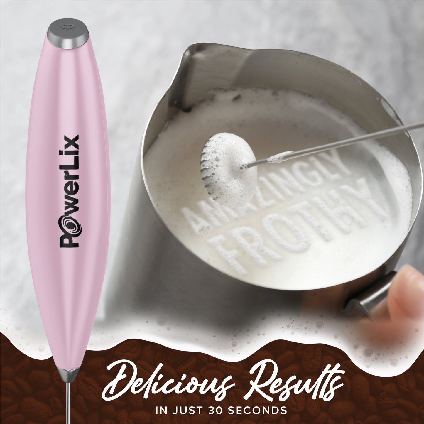 a close up of a milk frother with text: 'FROTHY PowerLix IN JUST 30 SECONDS'