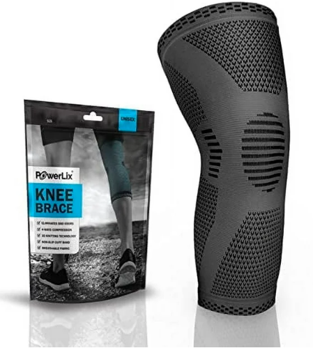 a black knee brace and a package with text: 'PowerLix KNEE BRACE'