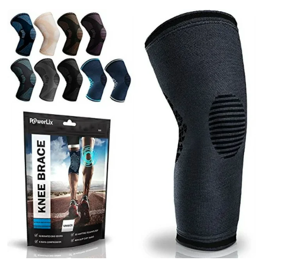 a knee braces and a package of knee braces with text: 'POwerLix KNEE BRACE'