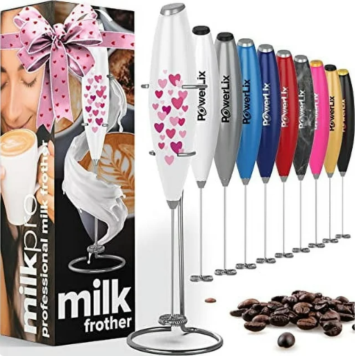 a row of milk frothers with text: 'milkpro professional milk frother milk frother Lix PowerLix PowerLix'
