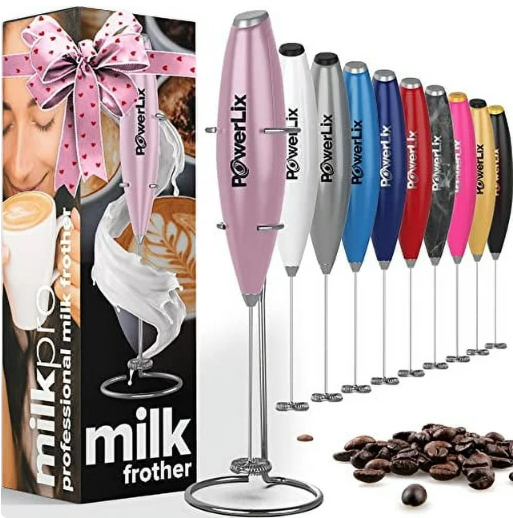 a row of milk frothers with text: 'milkpro professional milk frother milk frother PowerLix PowerLix Lix PowerLix PowerLix'