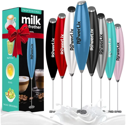 milk frother sticks with a box of milk with text: 'SALAD DRESSINGS milk PROFESSIONAL frother PowerLix Powerlix PowerLix PowerLix PowerLix PowerLix PowerLix PowerLIX'