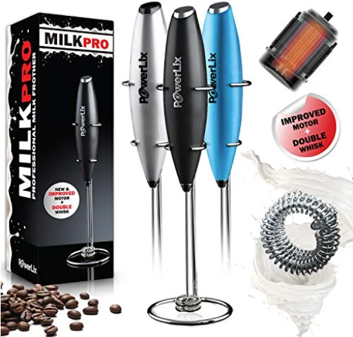 a group of milk frother machines with text: 'MILKPRO PowerLix PowerLix IMPROVED MOTOR DOUBLE WHISK NEW & MOTOR PROFESSIONAL MILK FROTHER DOUBLE'